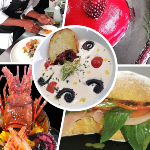 La imagen representa el propósito y alcance de la cocina fría dentro del ámbito profesional, destacando la diversidad de preparaciones que se pueden lograr con técnica, creatividad y precisión. Se observan platos como sándwiches gourmet, ceviches, cremas frías, mariscos y postres de alta presentación, que evidencian el uso de ingredientes frescos y el enfoque en la estética culinaria. Asimismo, se muestra el trabajo del profesional en acción, reforzando la importancia de la práctica, el detalle y la innovación. En conjunto, la imagen comunica la versatilidad, el nivel técnico y el valor artístico que caracteriza a esta especialidad gastronómica.